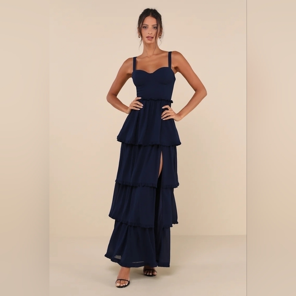 Lulus Sophisticated Occasion Navy Blue Bustier Lace-Up Maxi Dress Wedding - Picture 2 of 10